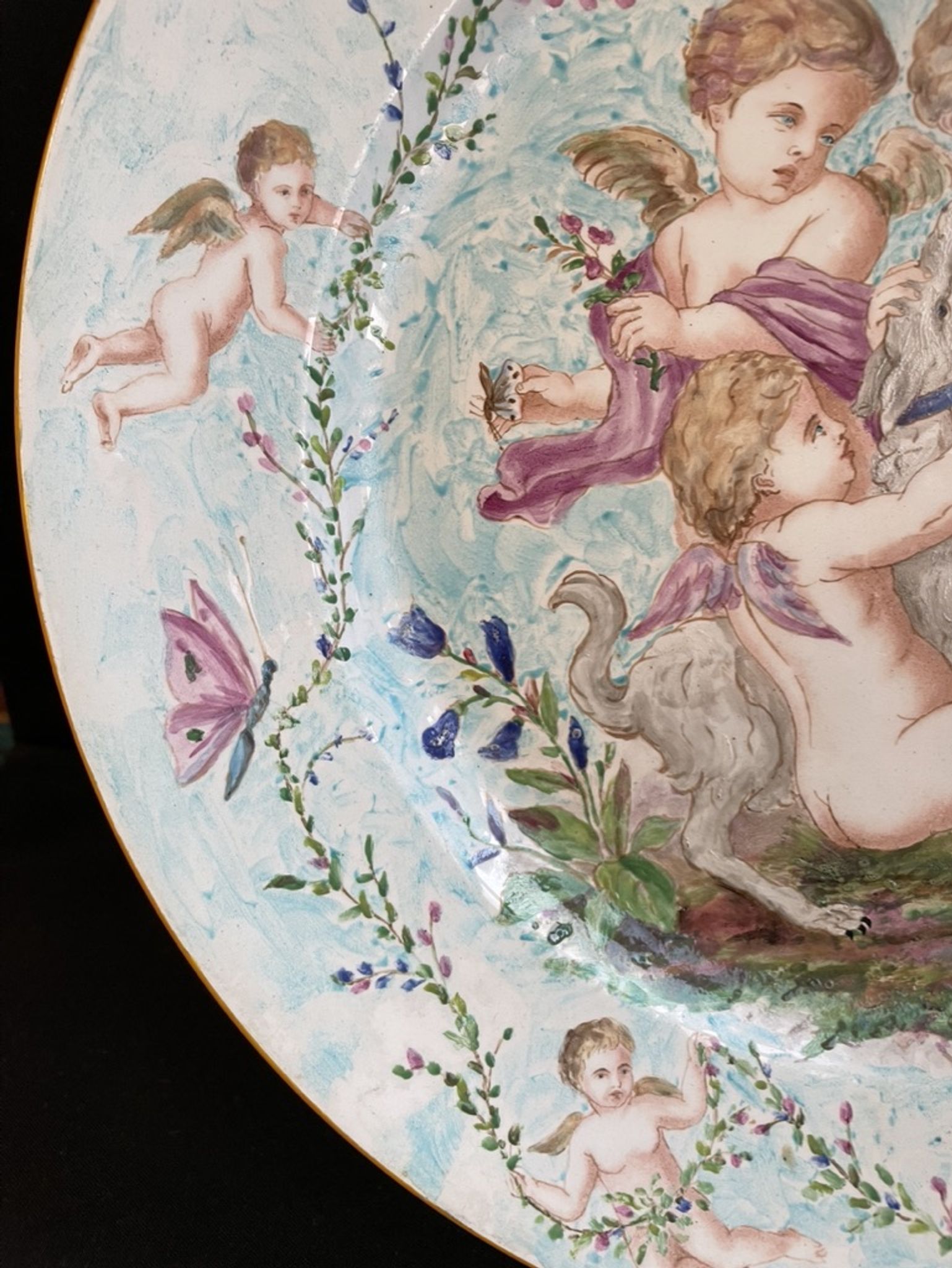 Round earthenware dish - hand decoration signed and marked