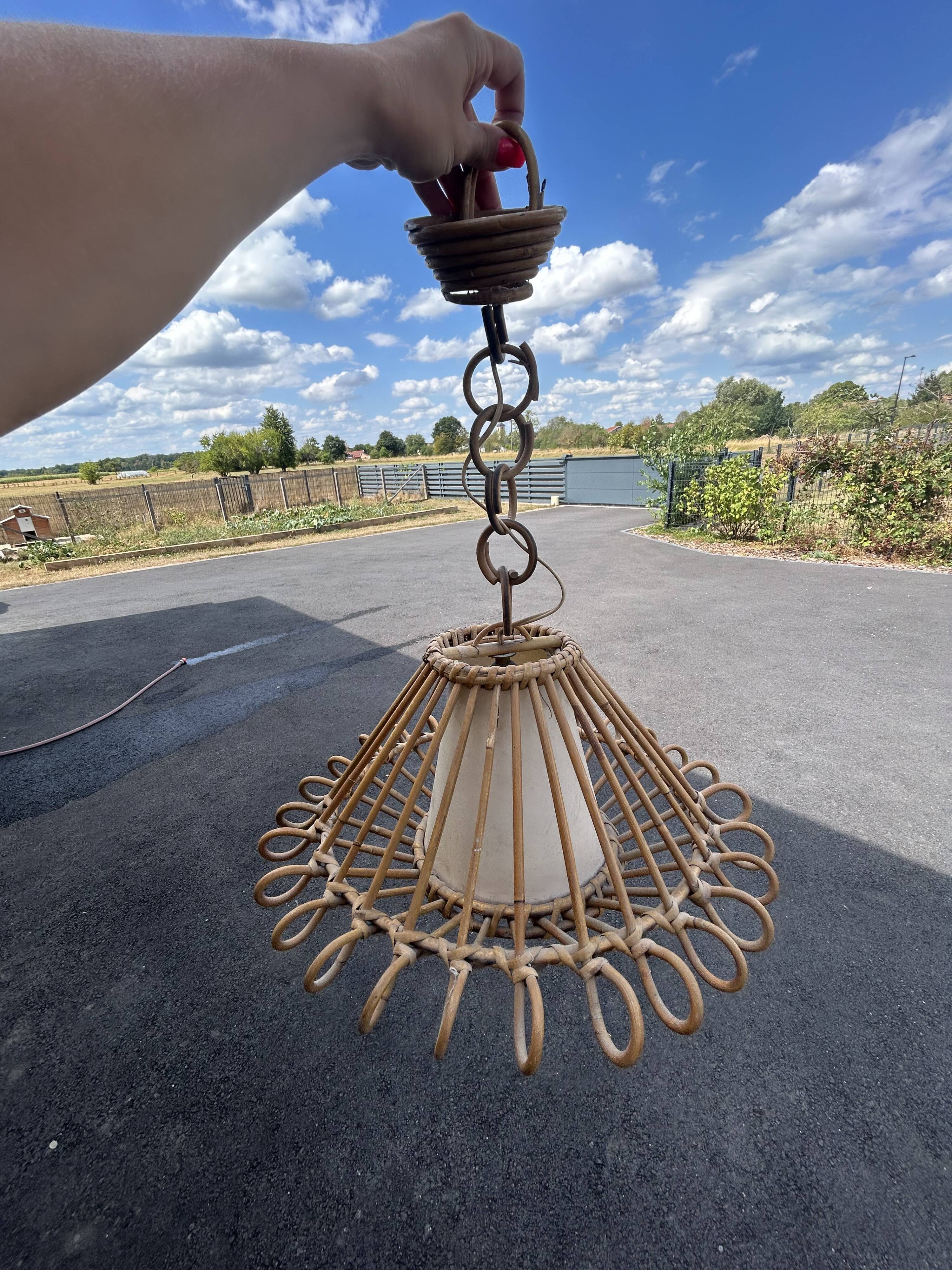 Vintage rattan and bamboo pendant – Louis Sognot style (1960s)
