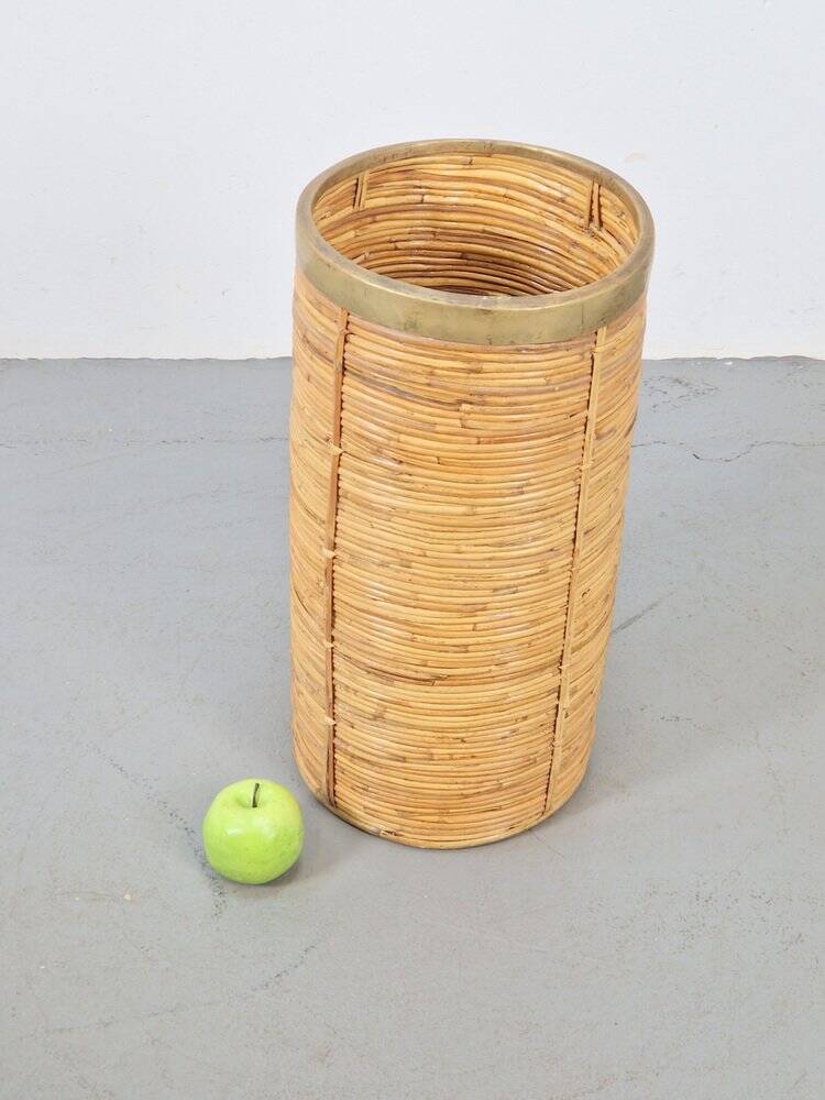 Vintage Bamboo and Brass Umbrella Stand, Italy, 1970s