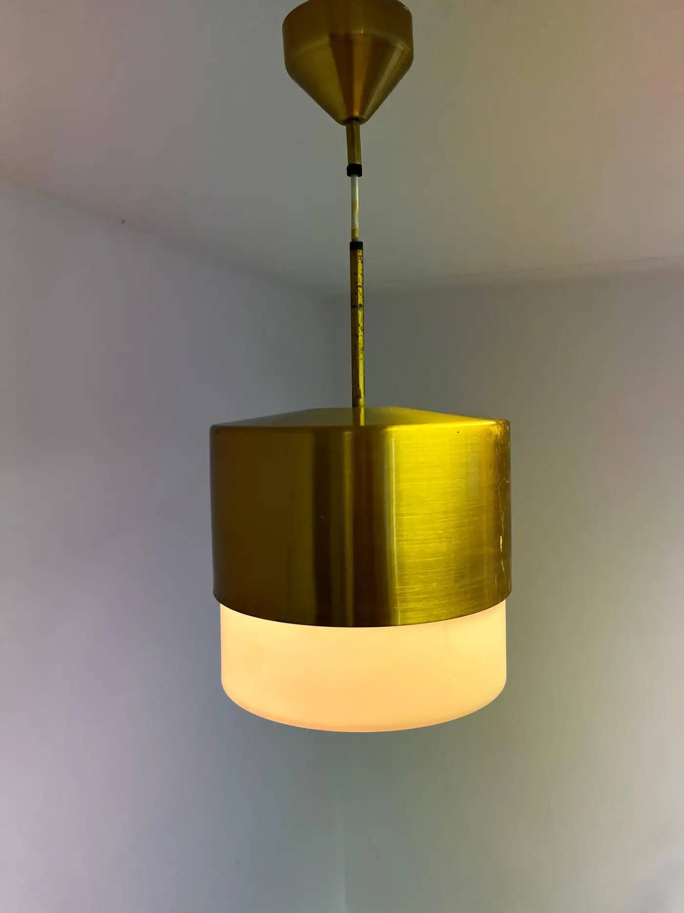 Brass and milk glass midcentury pendant by Kamenicky Senov, 1970s