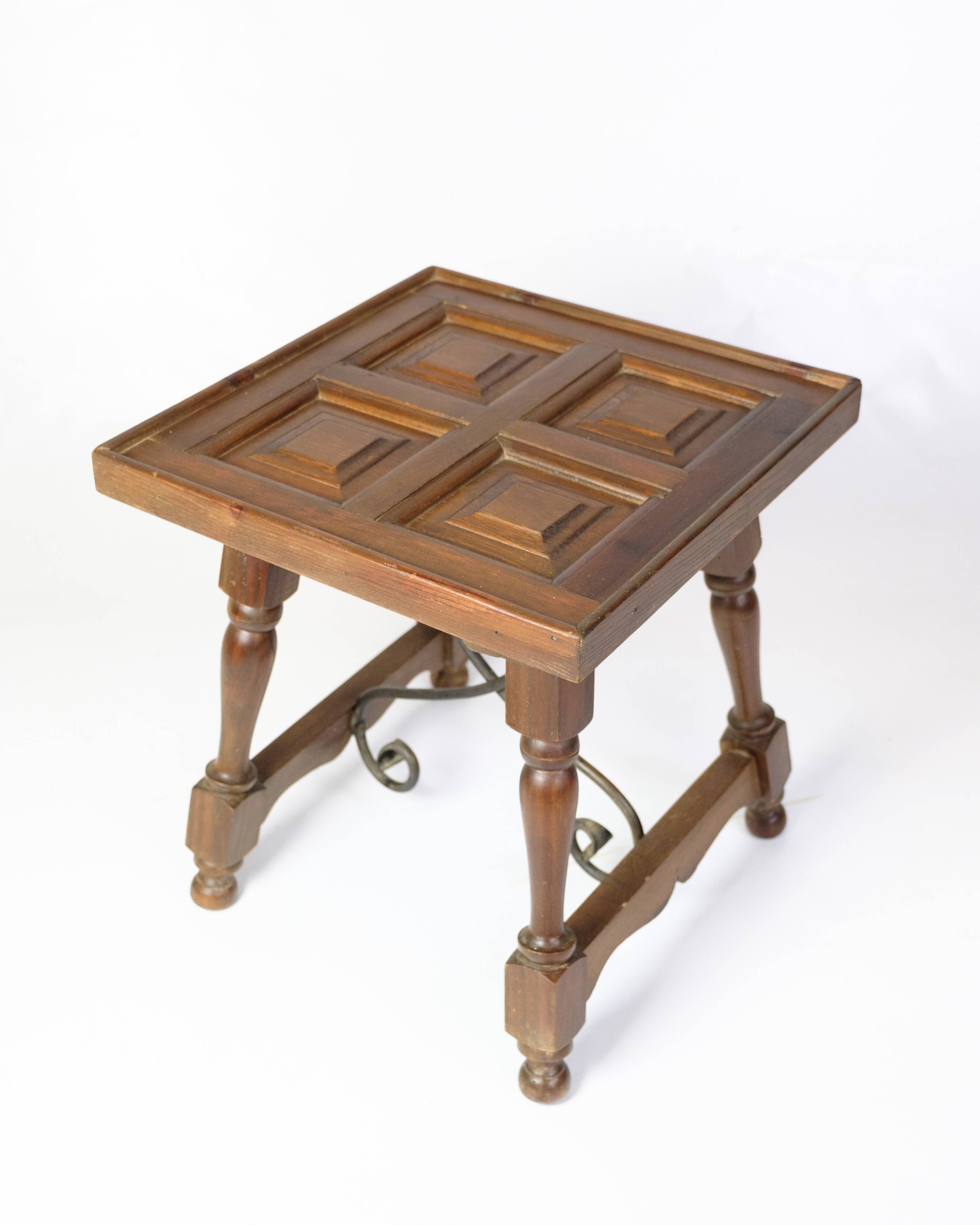 Side Table Made In Dark Wood With Turned Legs & Metal Struts From 1930s