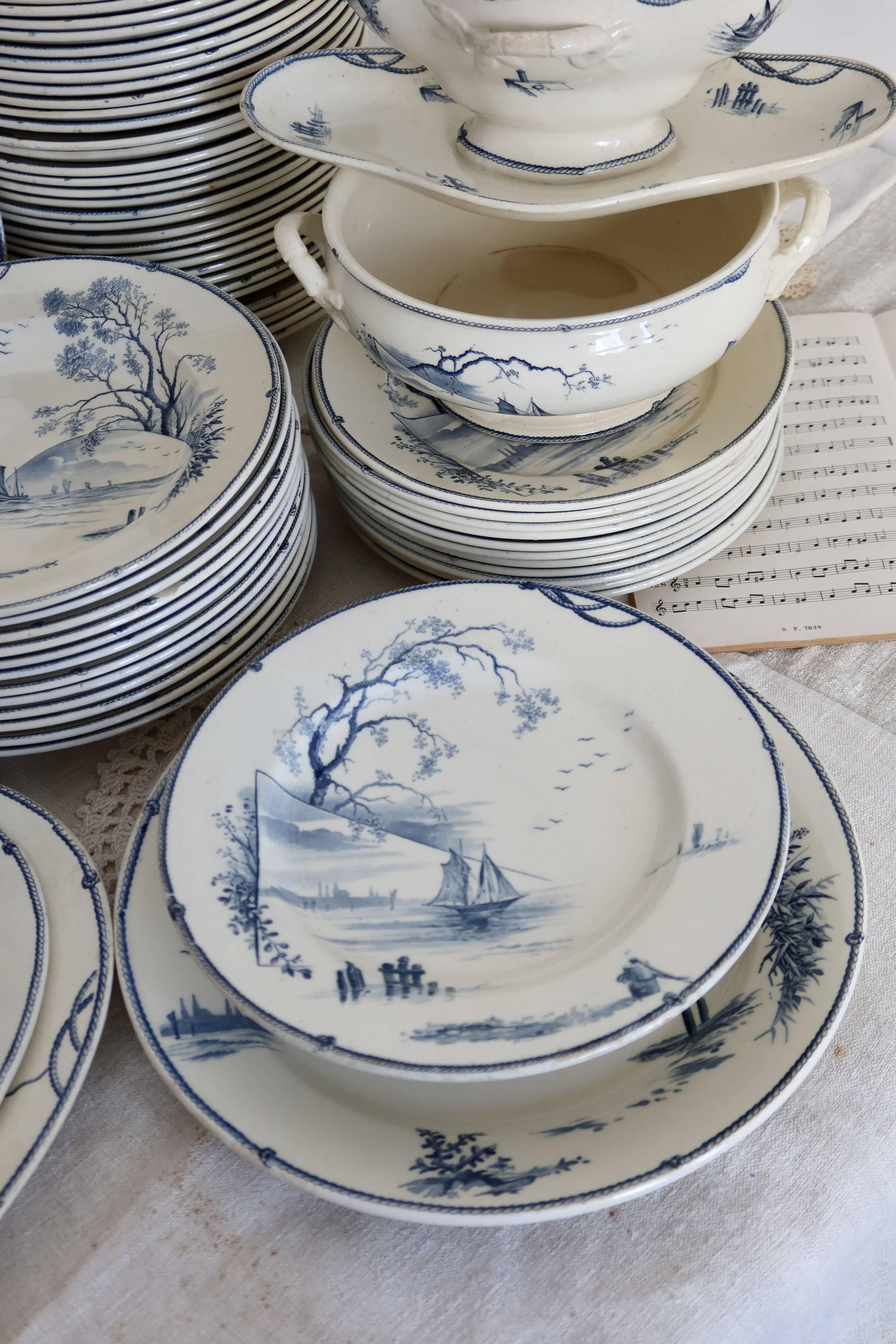 Table service 63 pieces Gien earthenware 19th century Marines model