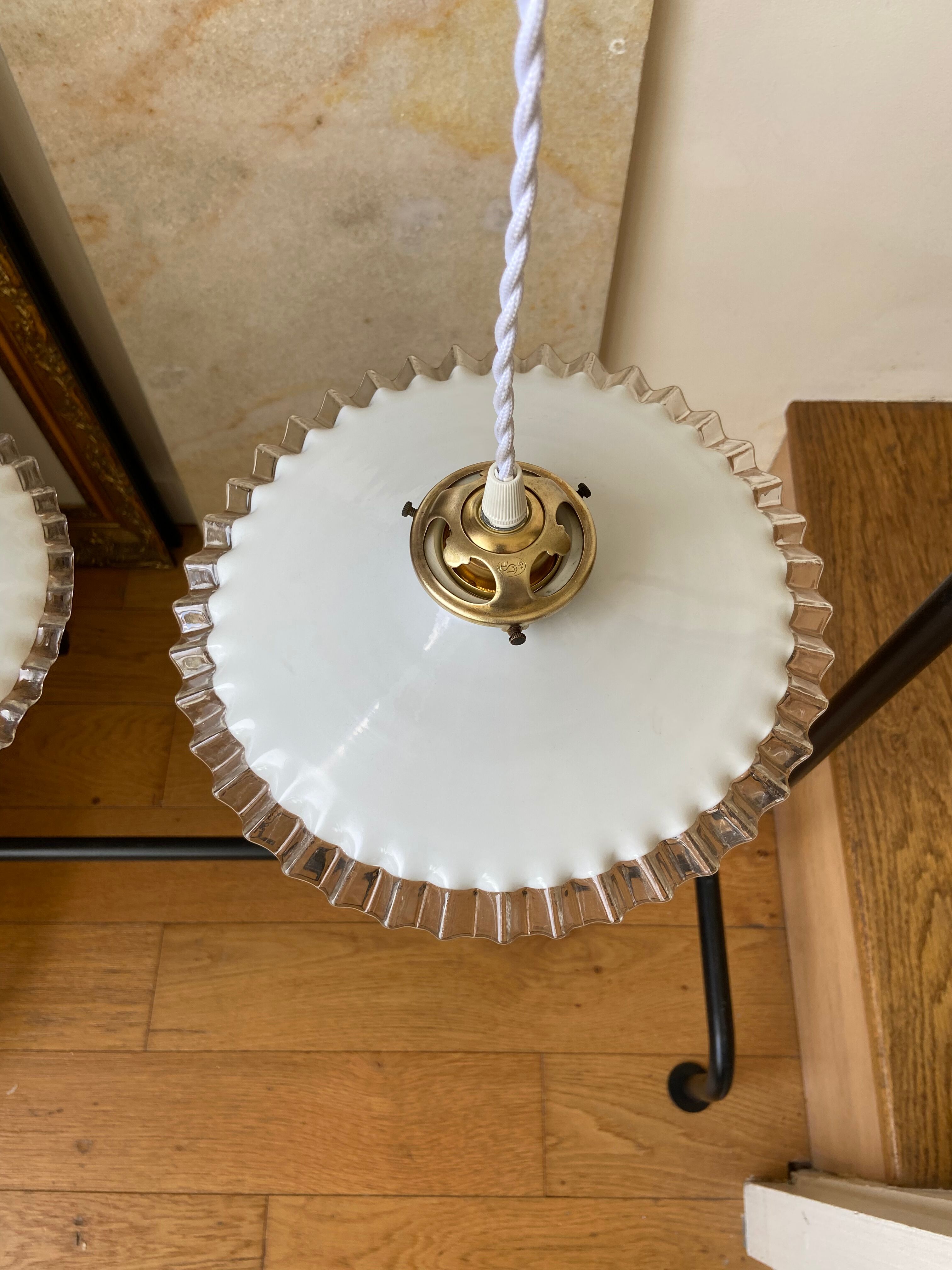 Pair of white glass hanging lamps