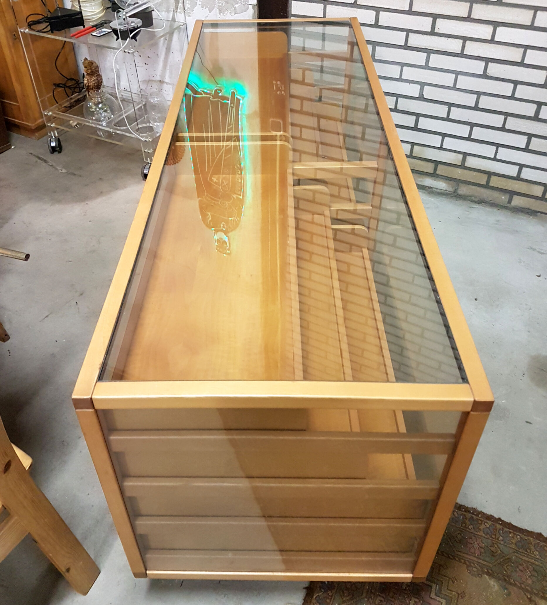 Vintage beech and glass display counter 1970