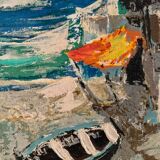 Oil on 20th century panel representing a fishing port by S. Margarit