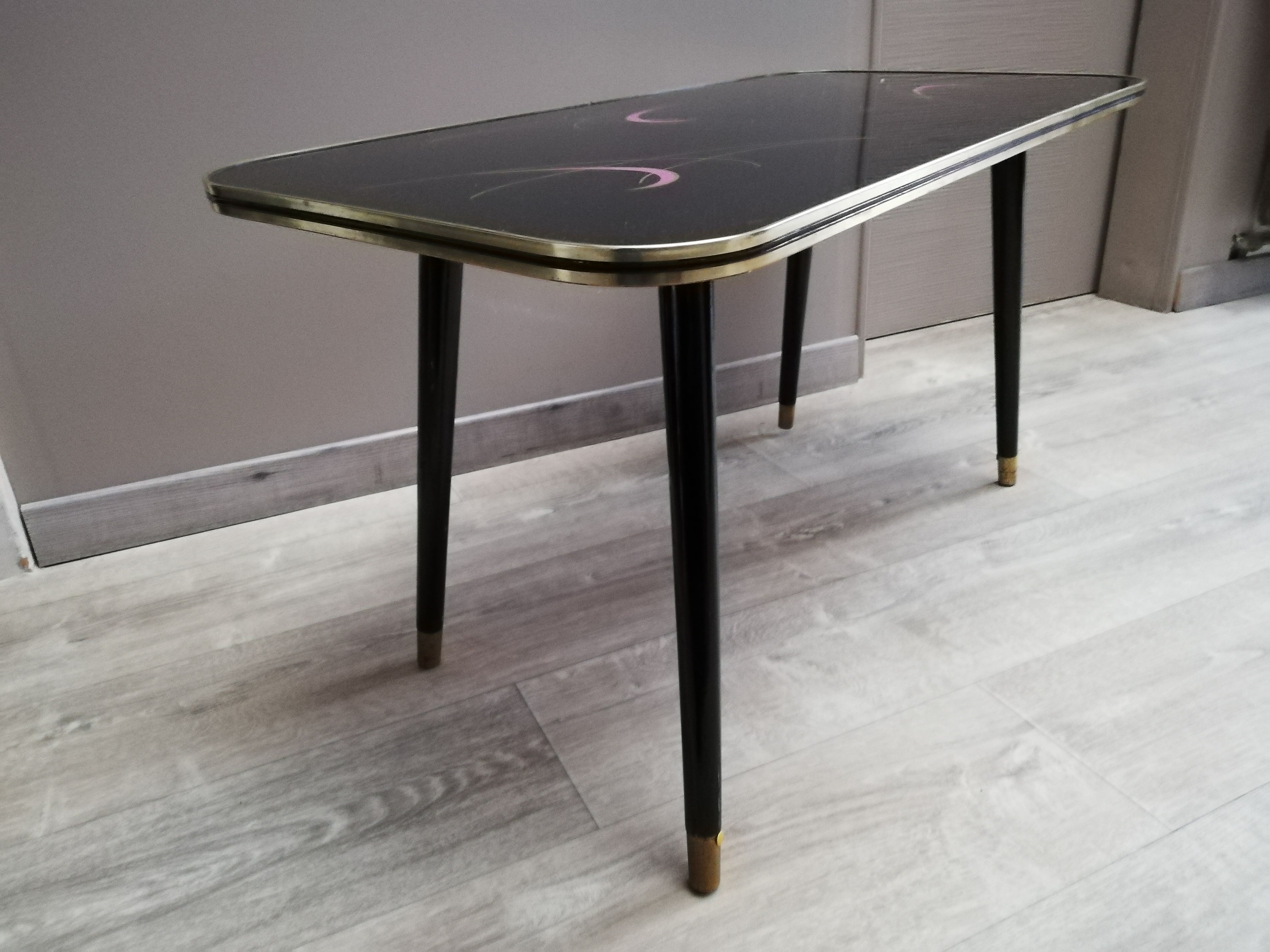 Table basse pieds compas plateau verre vintage 50/60