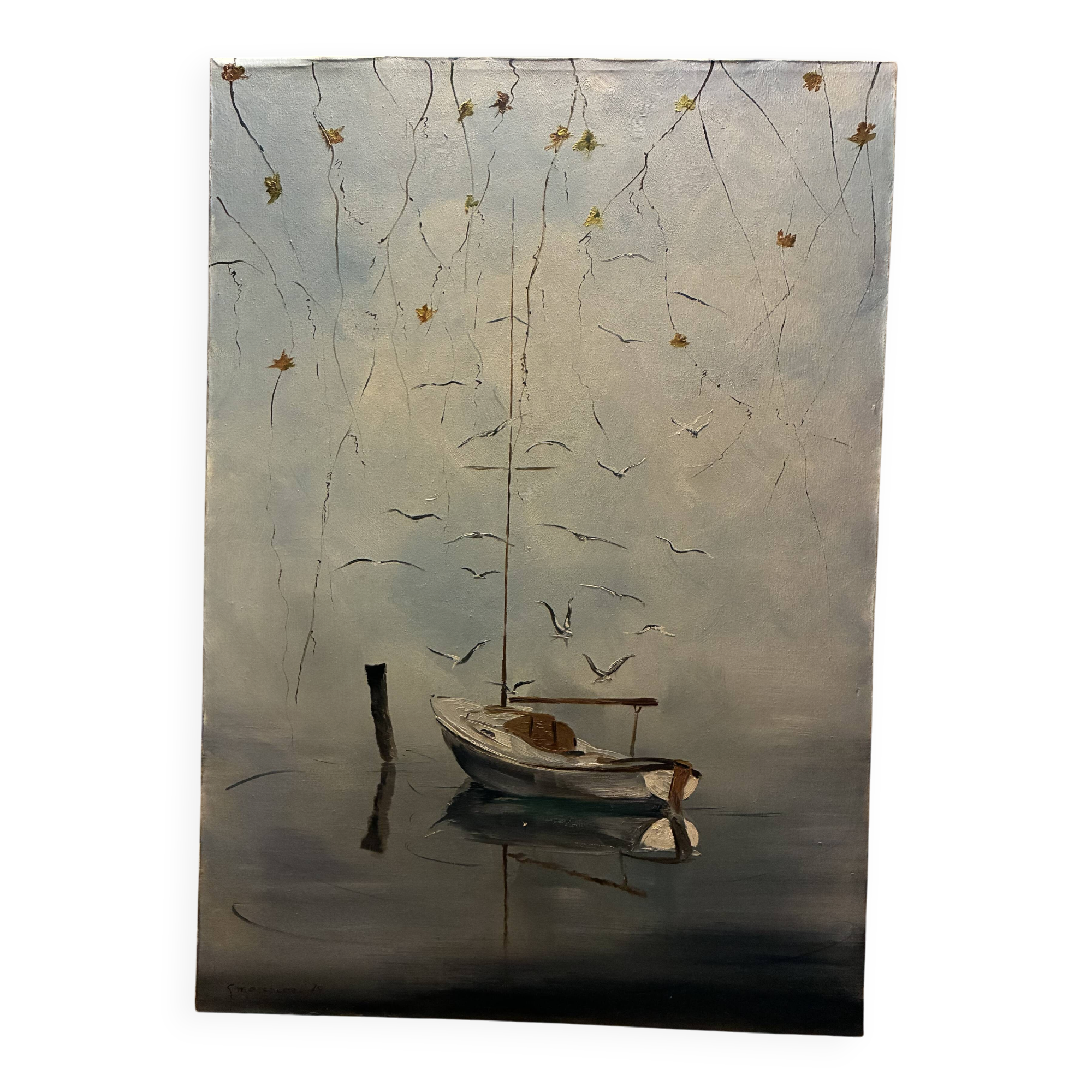 Toile peinte « Barque sur le lac » E.Marchiori