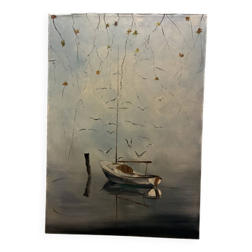 Painted canvas "Boat on the lake" E. Marchiori