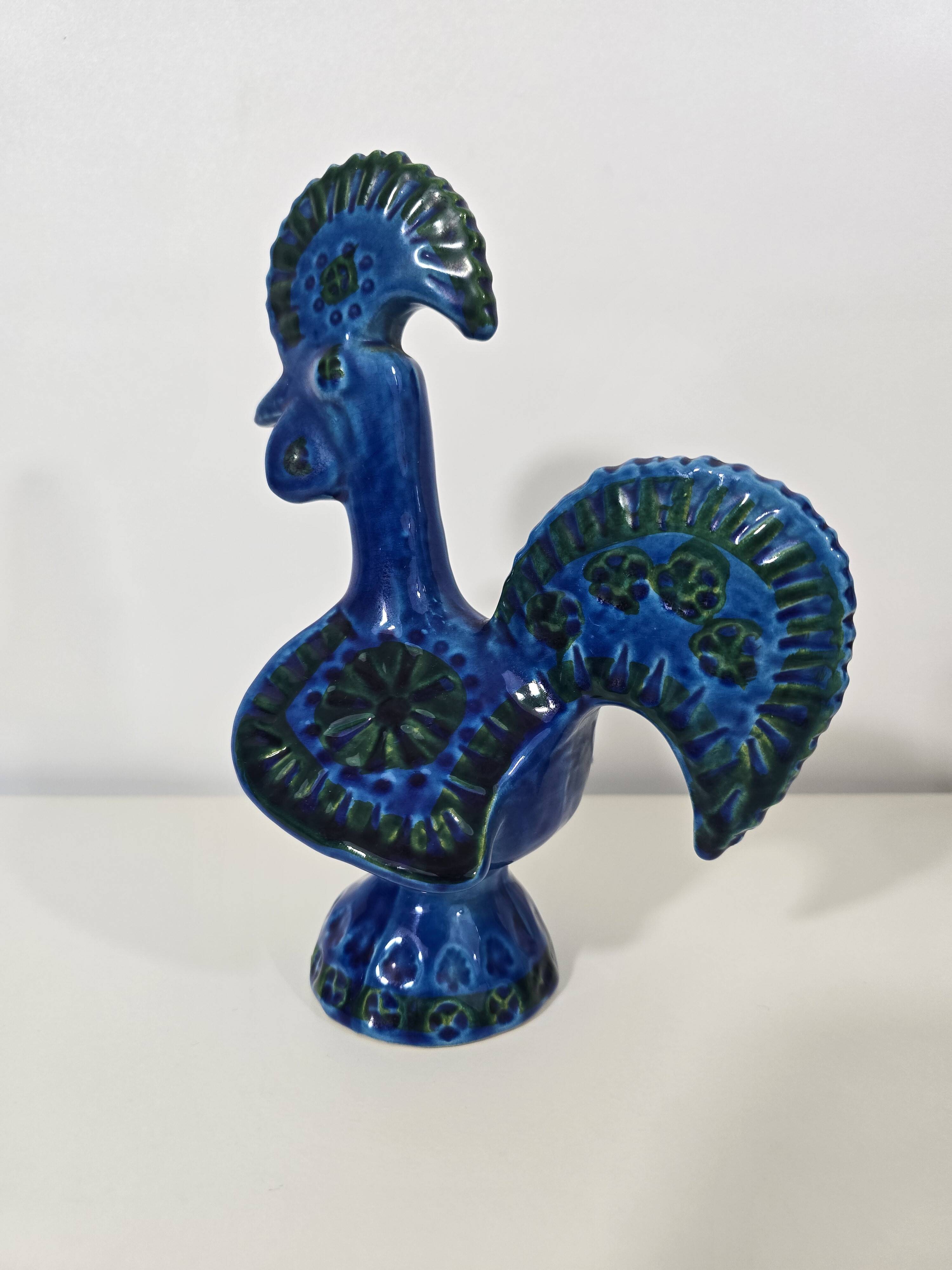 blue glazed ceramic rooster by Aldo Londi for Bitossi