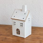 Photophore maison en céramique blanche et dorée – Décoration lumineuse de Noël