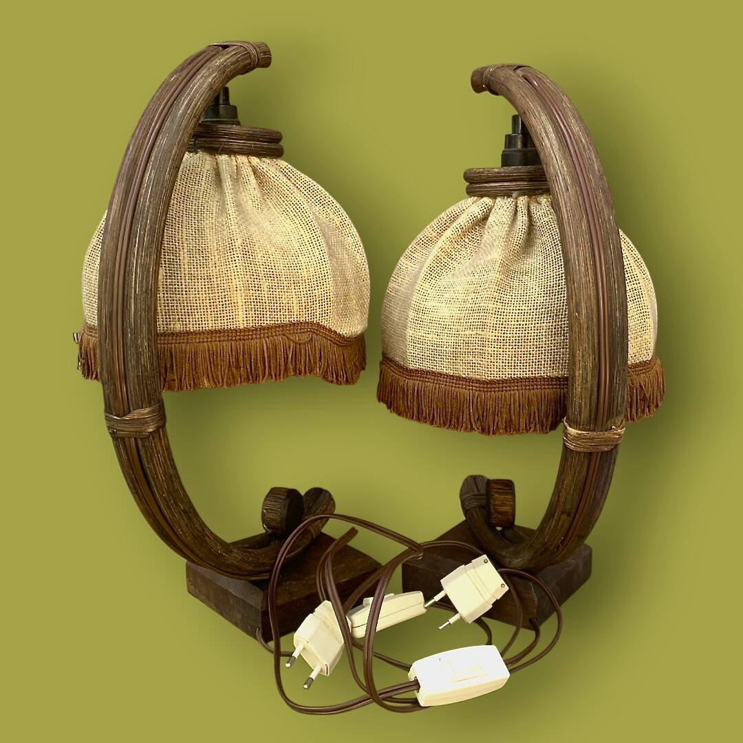 Pair of bamboo and jute bedside lamps, 1970s