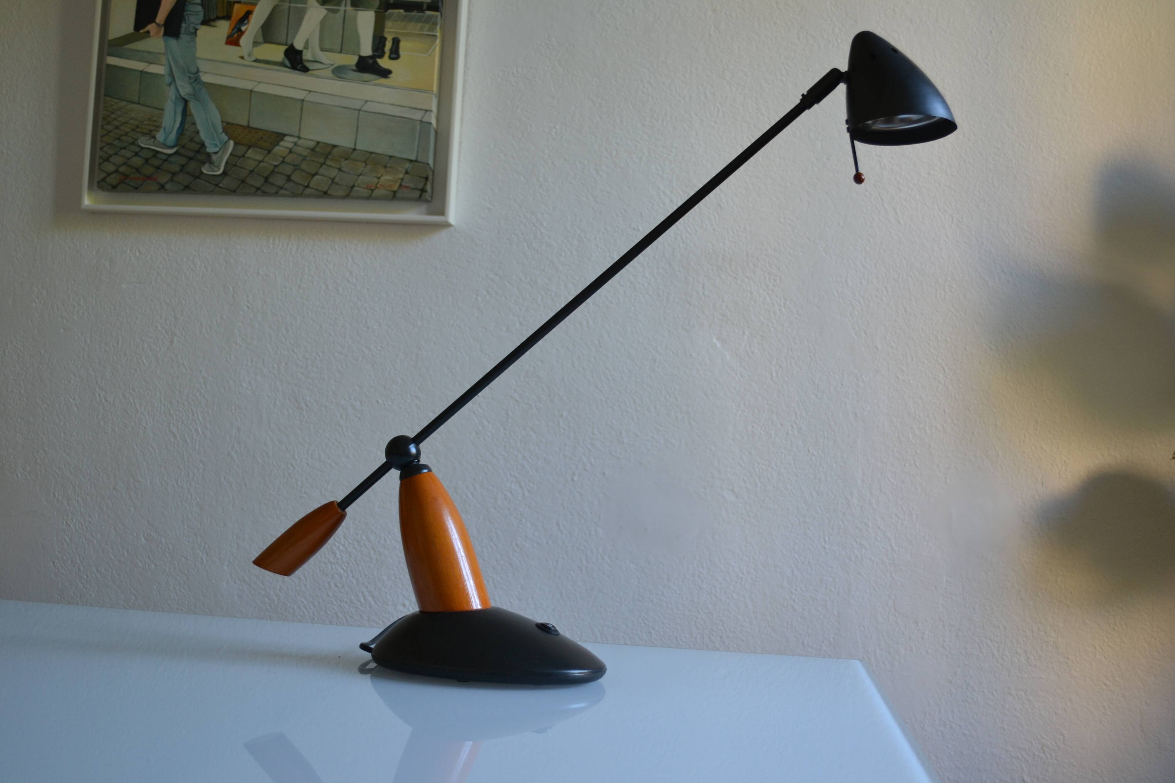 Vintage postmodernist metal and wood table lamp from the 1980s