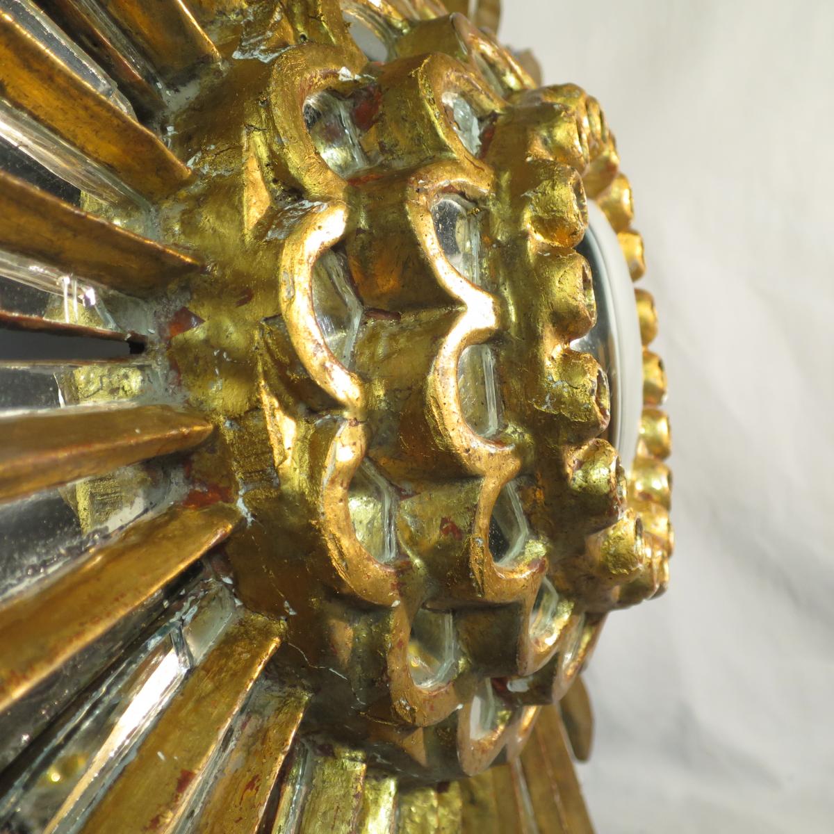 Mirror Sun bomb said "witch" 78 cm wood Golden early 20th