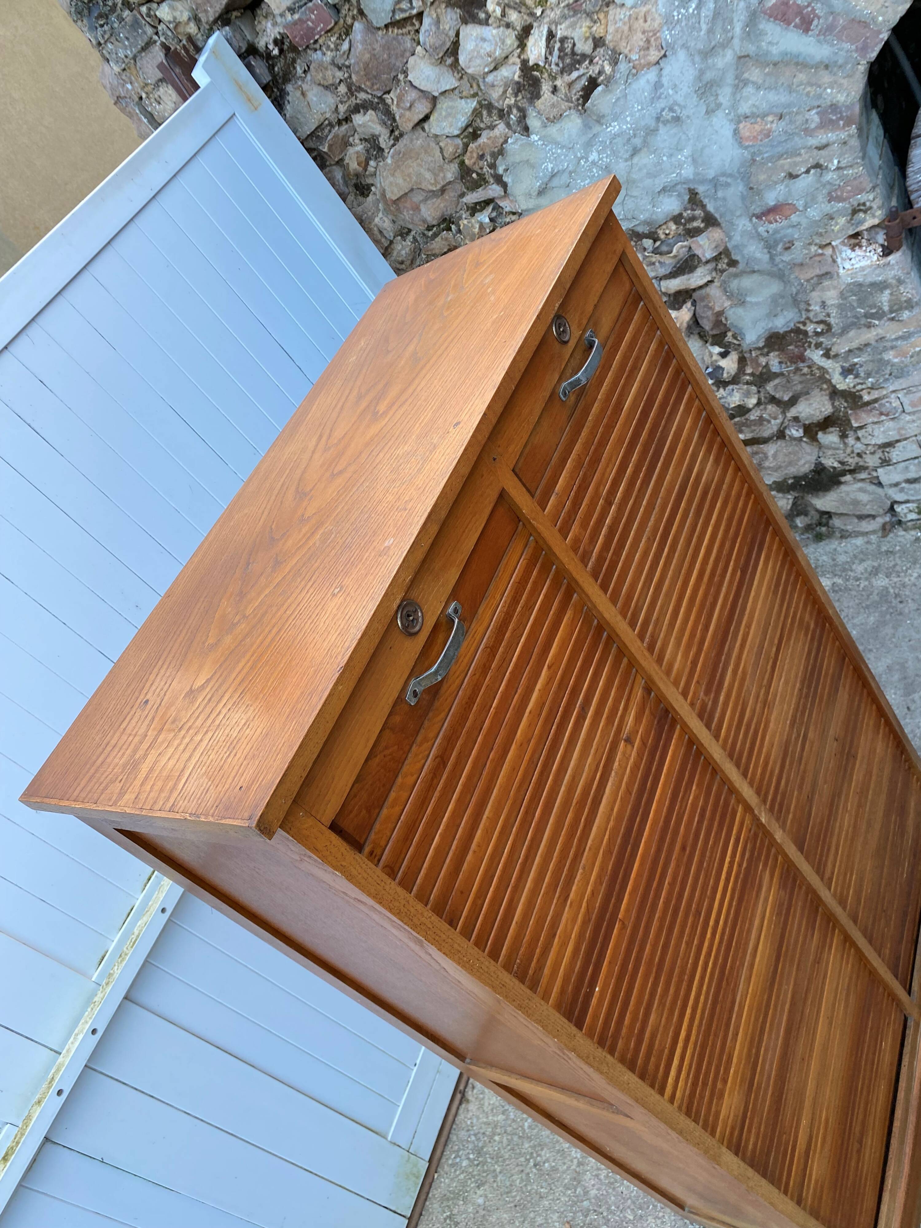 Antique oak double-column roll-top filing cabinet, circa 1950