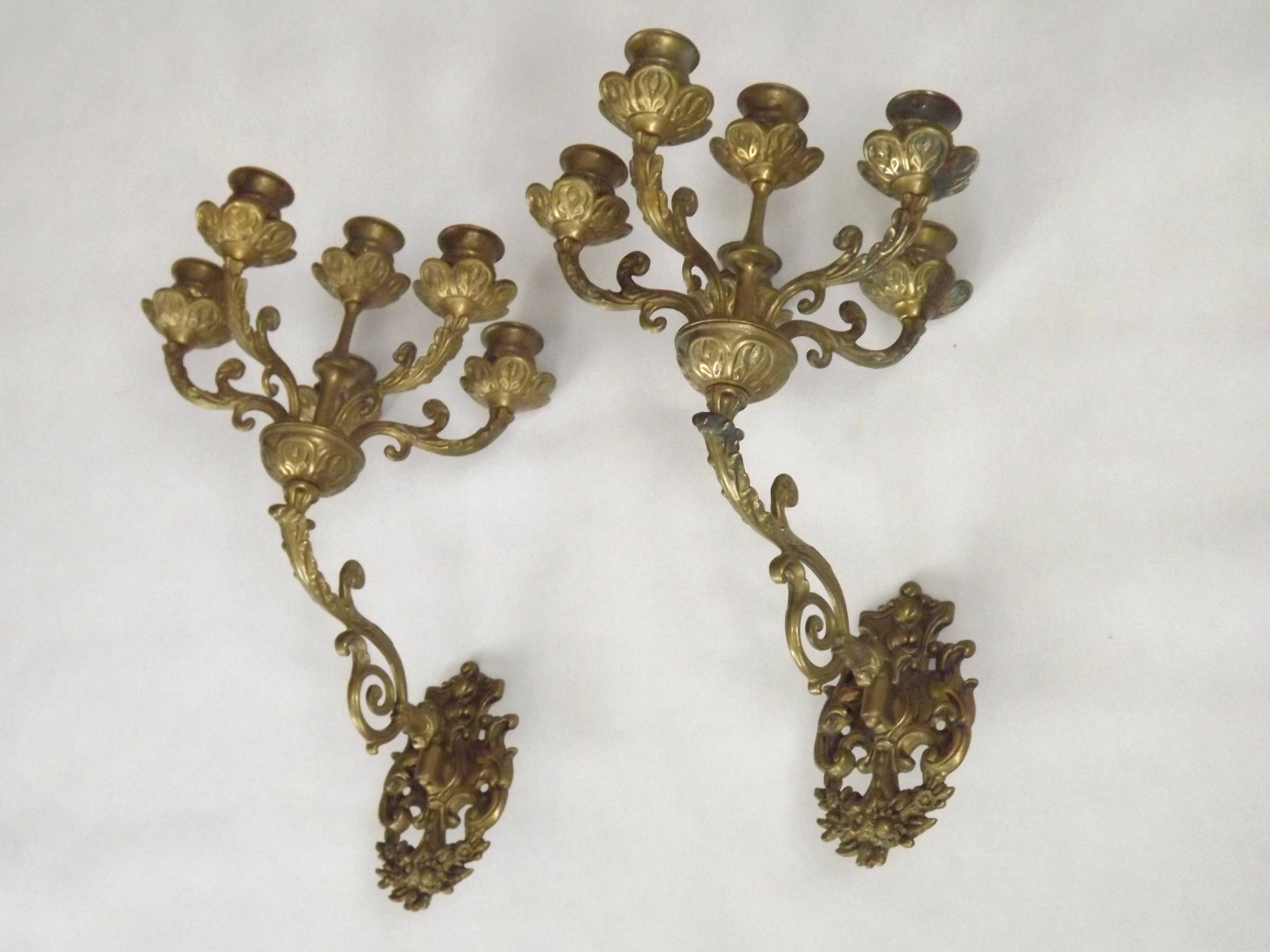 Pair Early 20th Century Rococo Revival Brass 5 Light Candle Wall Sconces