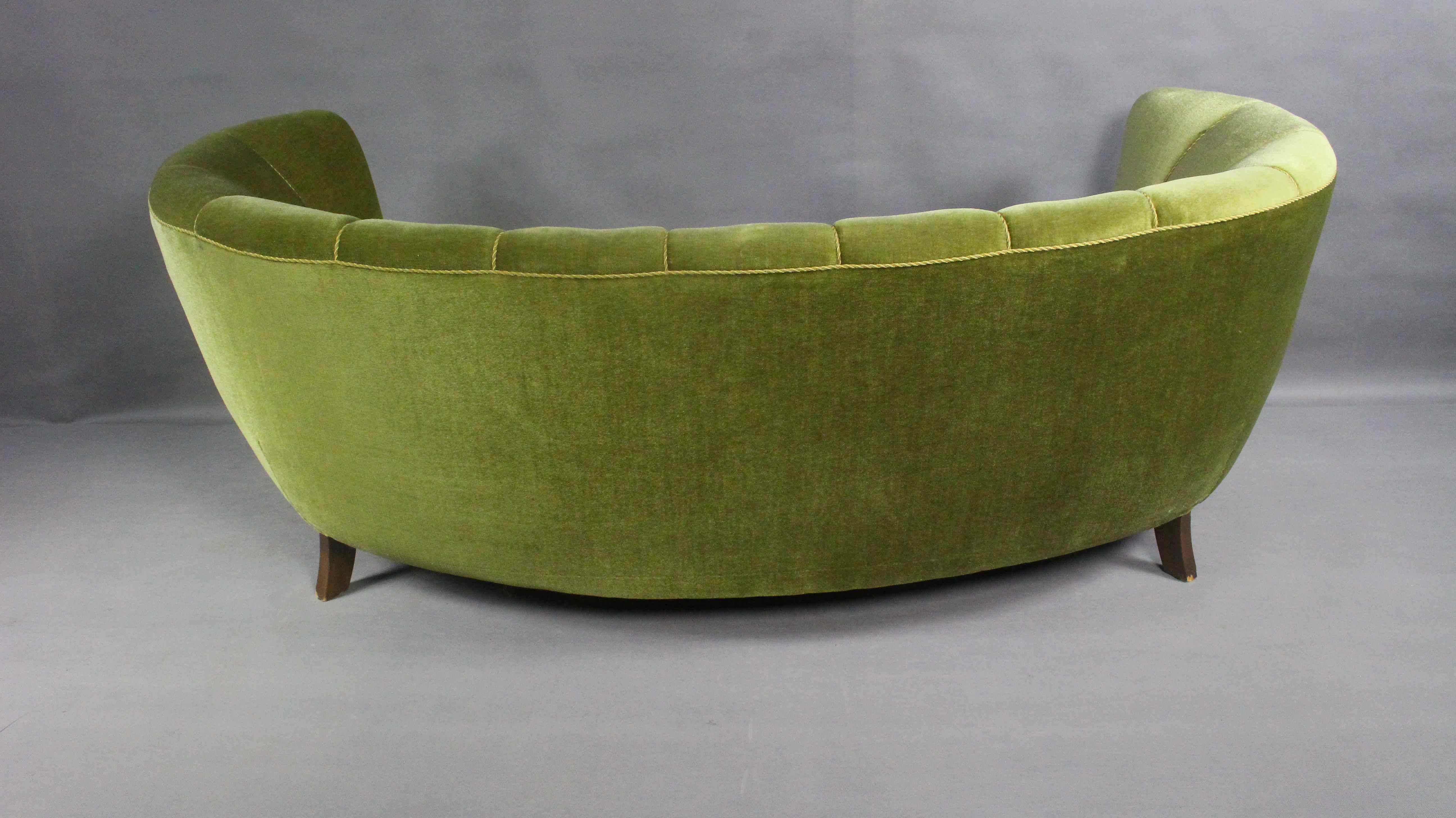 Danish curved velvet banana sofa, 1950