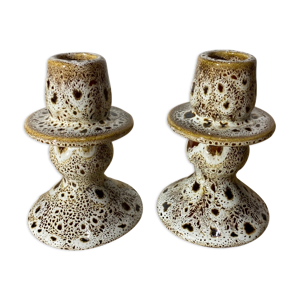 Bougeoirs vintage des années 60 blanc-brun saupoudré ensemble de 2 bougeoirs design danois