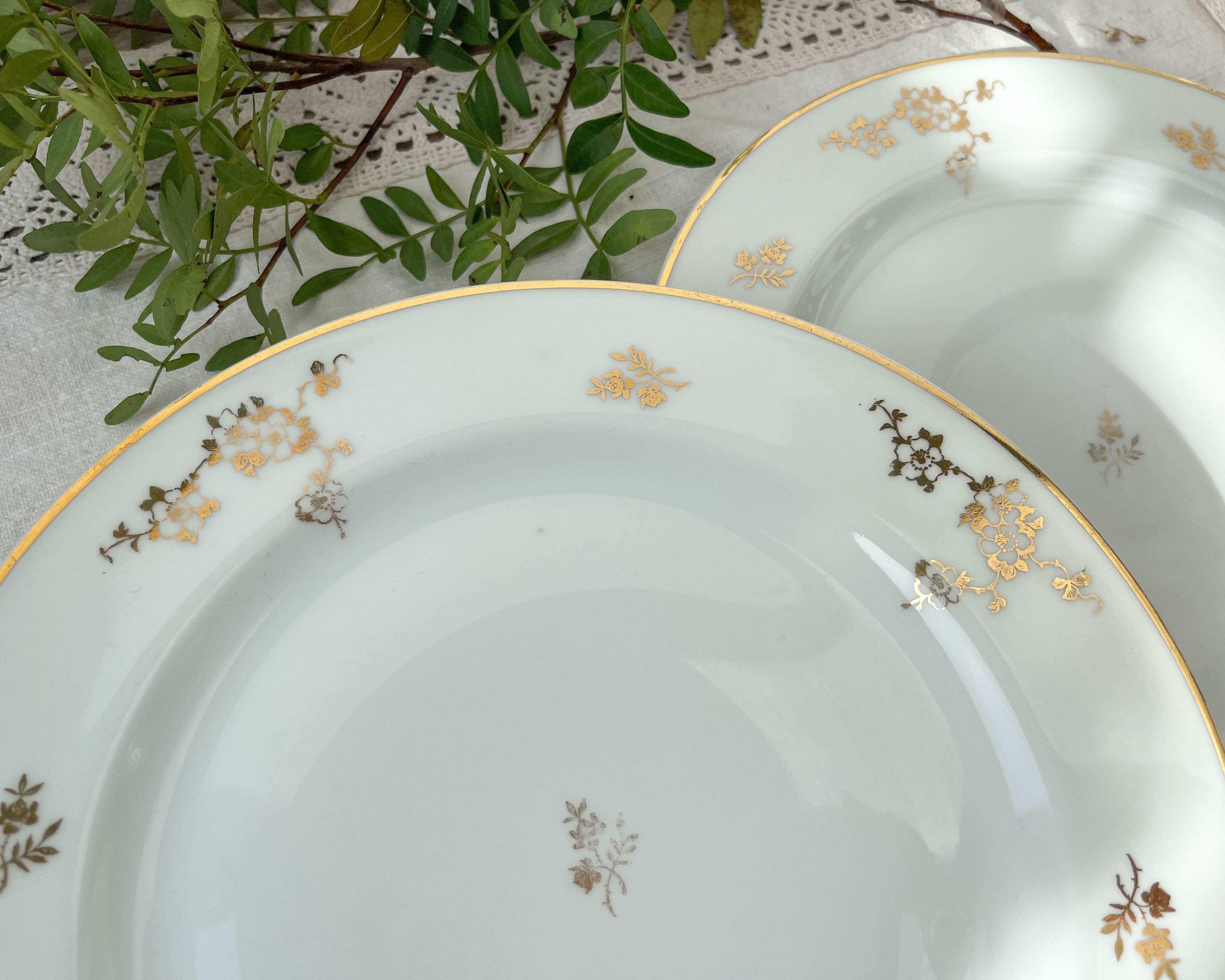 6 flat plates porcelain Limoges golden white