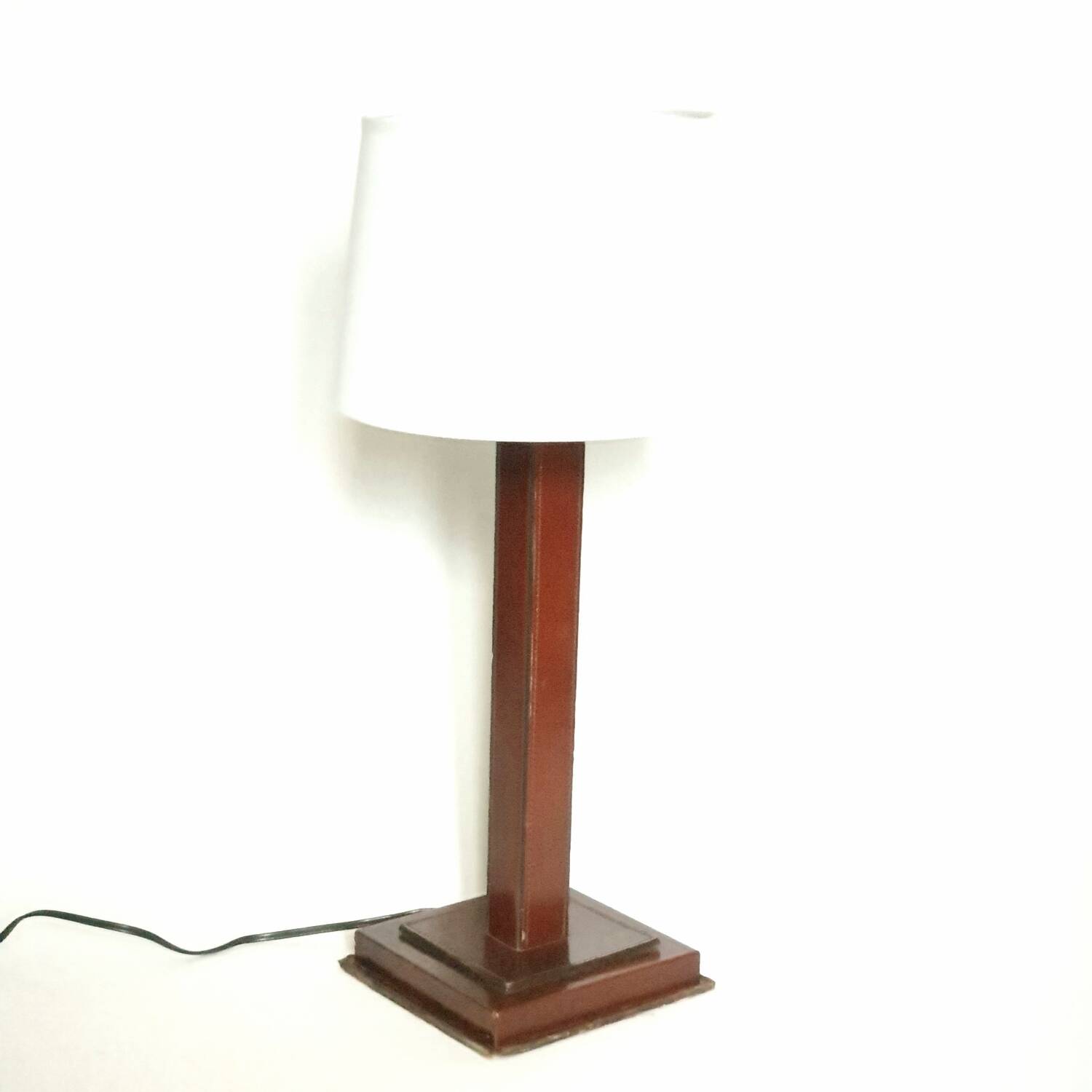 Leather lamp, saddle-stitched, 1960s vintage France.