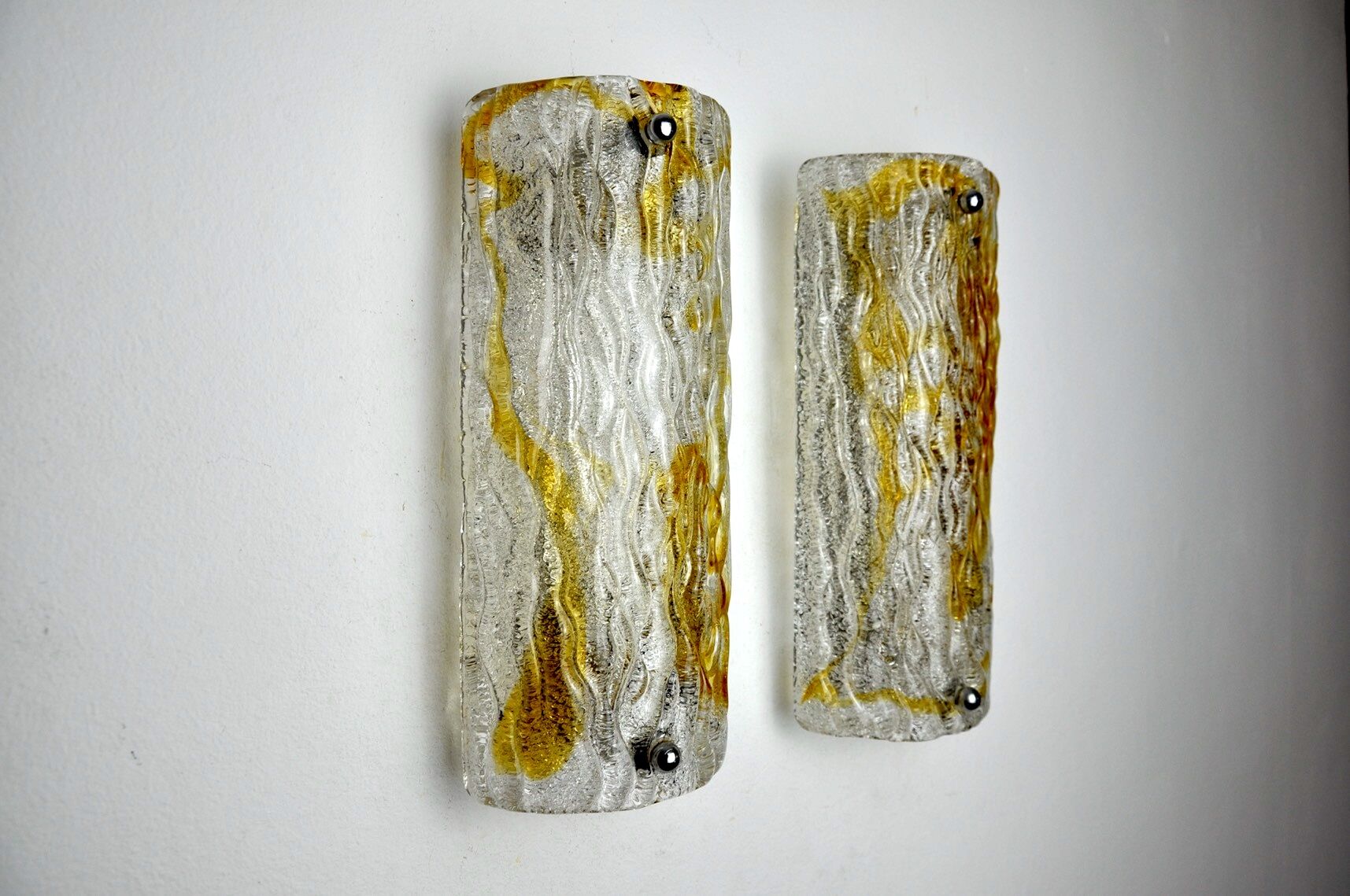 Pair of Mazzega wall lamps, orange Murano blown glass, Italy, 1960