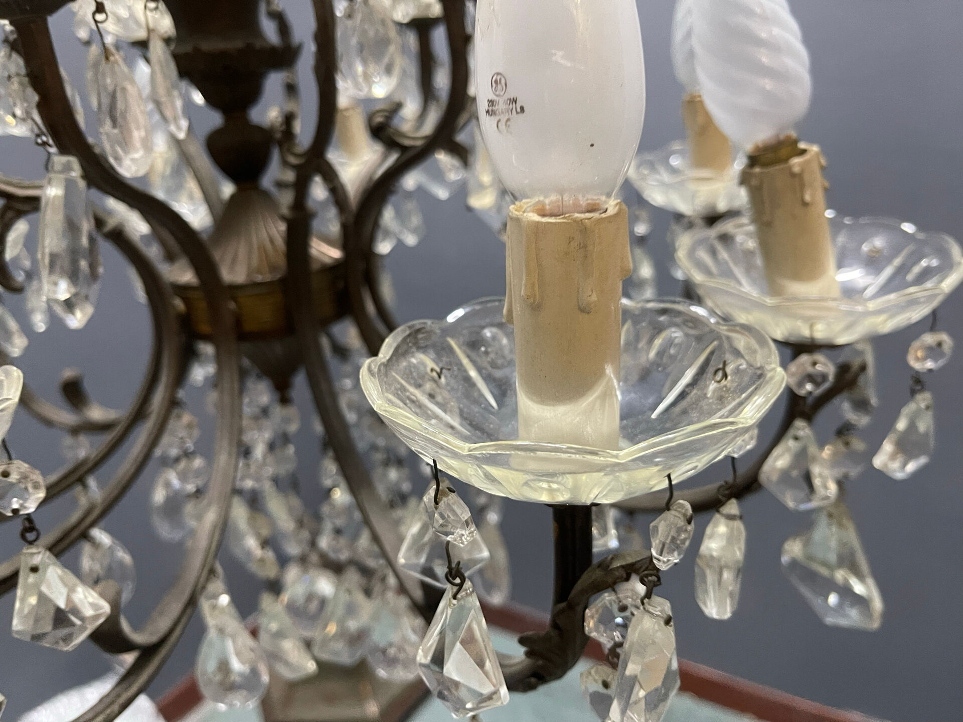 Vintage Bronze & Crystal Chandelier, 15 Lights, 1950s