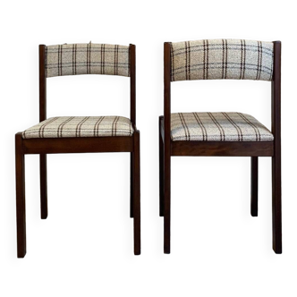 Pair of vintage chairs in dark wood and checkered fabric, 1970s