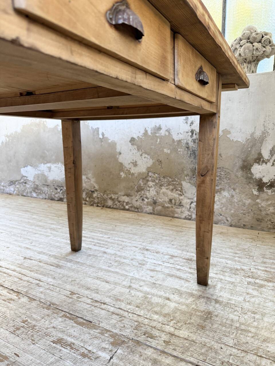 1950s pine and oak farmhouse table with multiple drawers