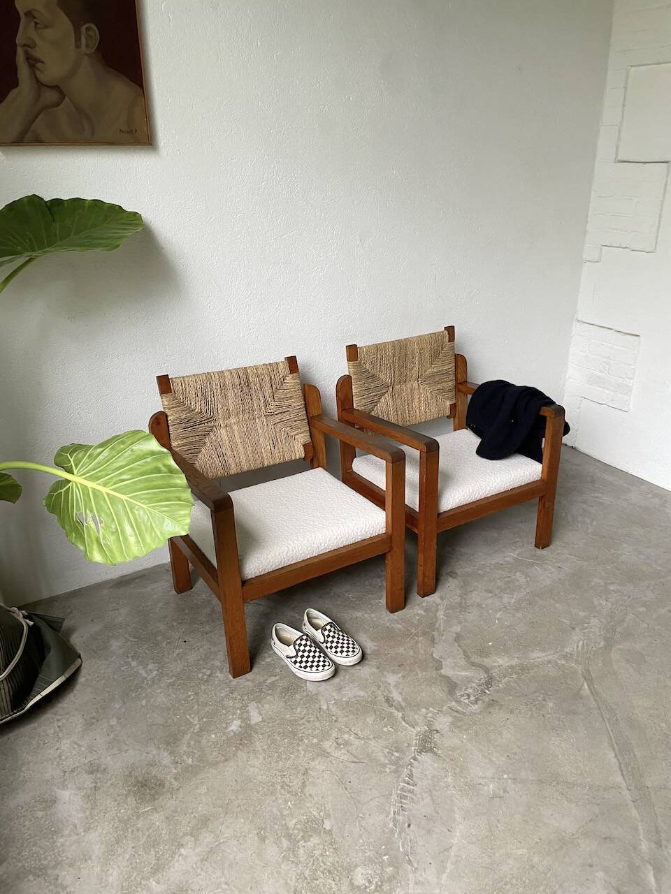 Pair of oak and straw armchairs, reconstruction style
