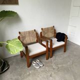 Pair of oak and straw armchairs, reconstruction style