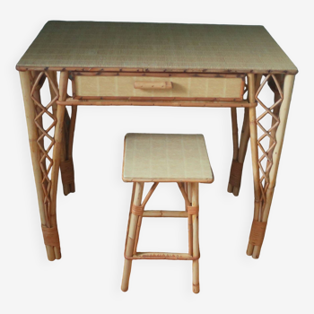 Rattan desk table with compass legs and its vintage stool