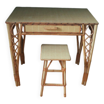 Rattan desk table with compass legs and its vintage stool