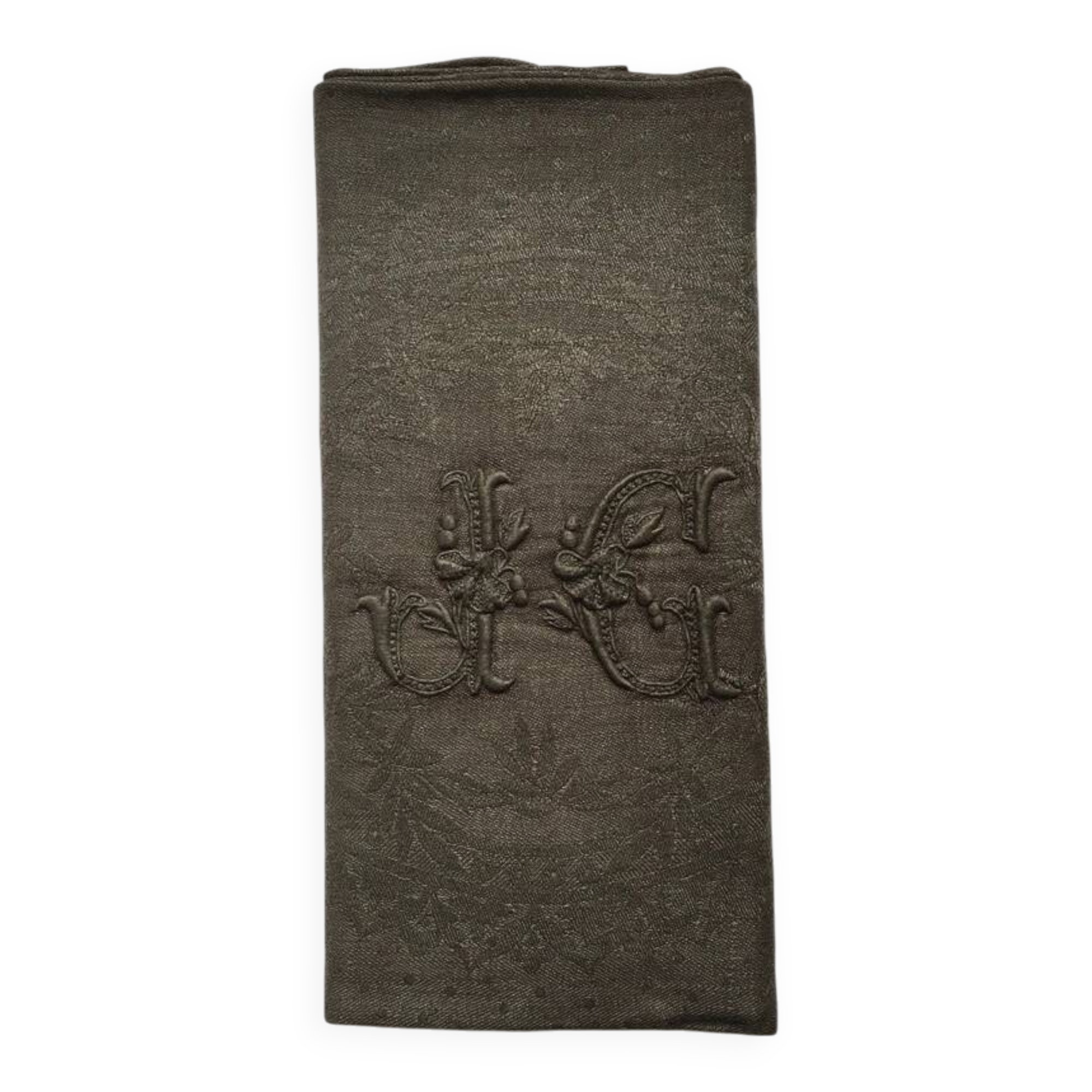 Old embroidered table napkin J G Dark Khaki Green