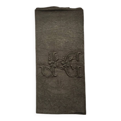 Serviette de table ancienne kaki brodée JG