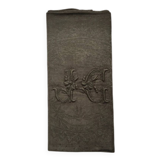 Old embroidered table napkin J G Dark Khaki Green