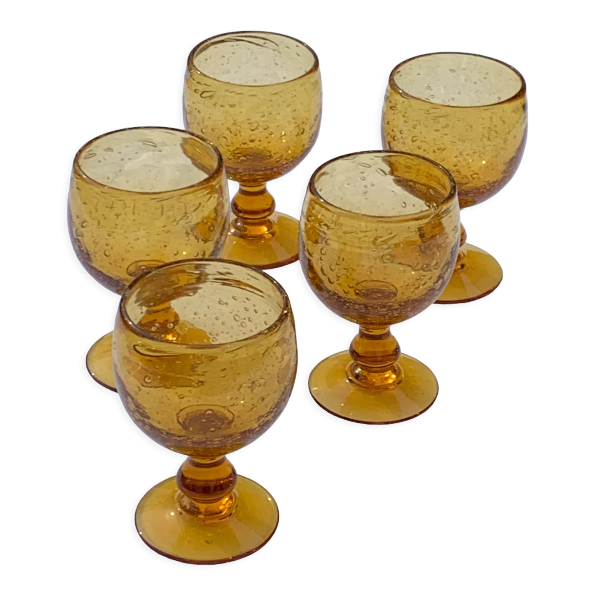 5 wine glasses in blown glass and vintage golden yellow bubble