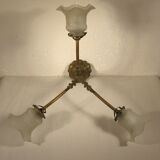 Three-spoke brass and glass chandelier