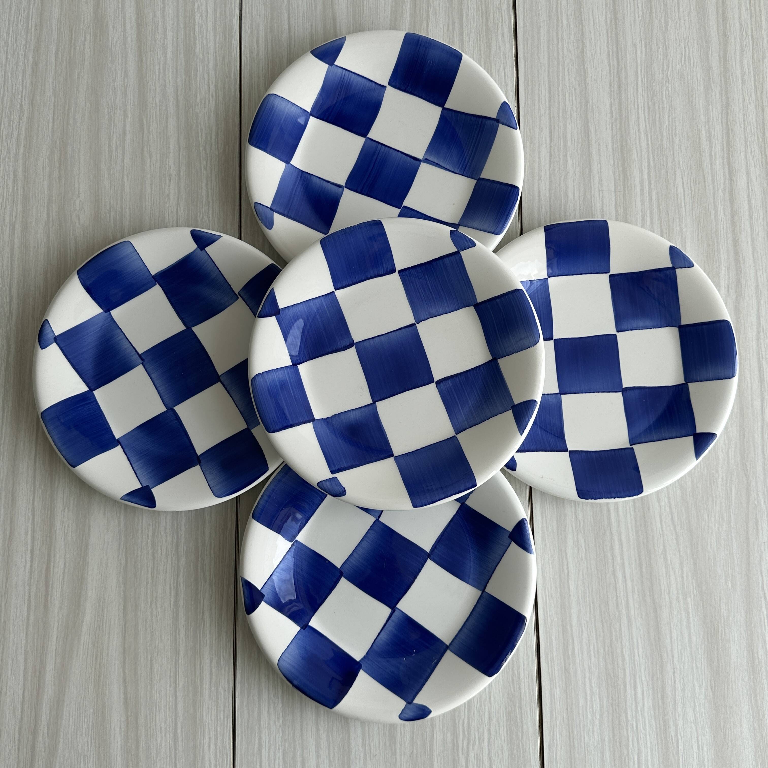 Set of 5 blue and white checkered porcelain dessert plates