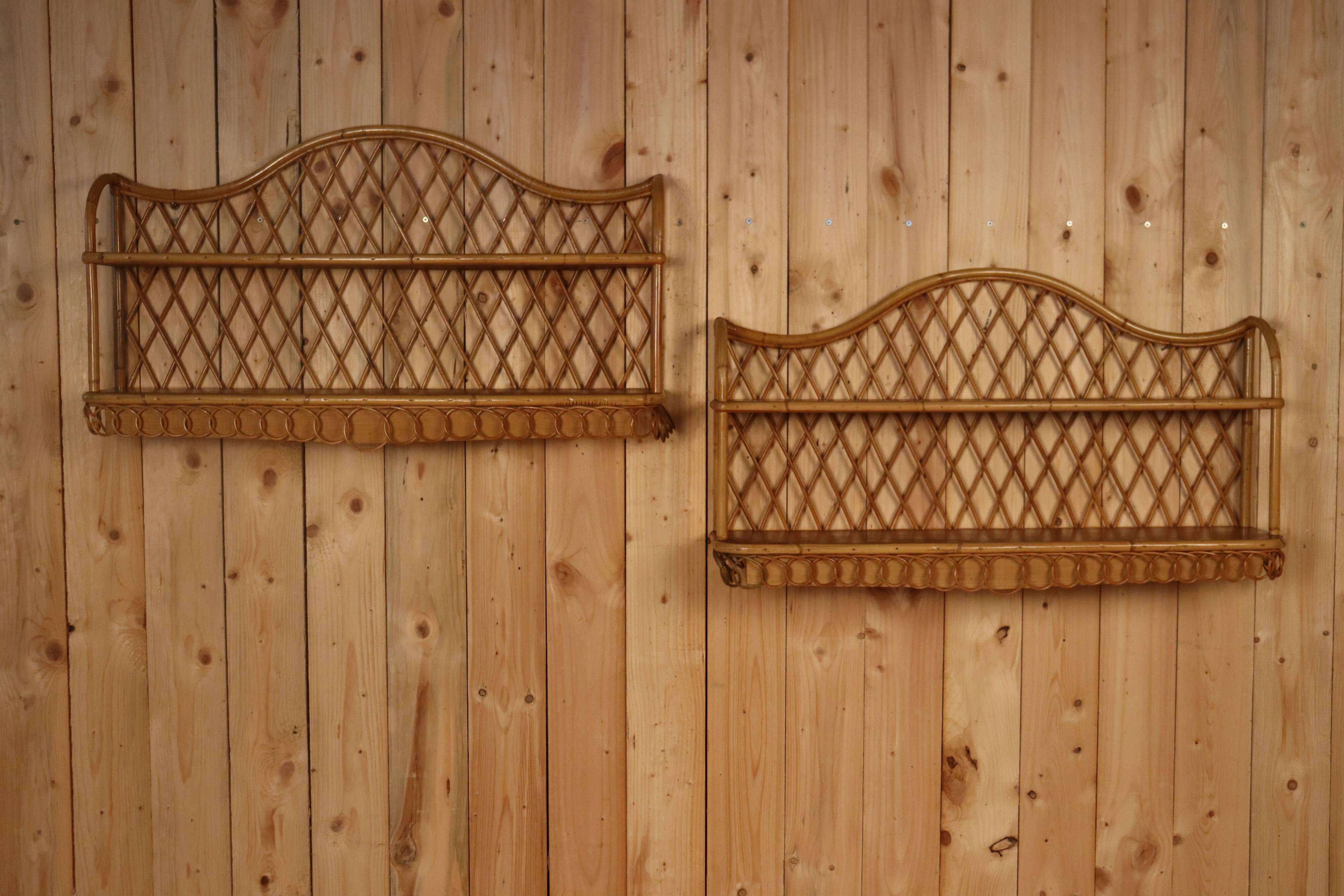 Pair of rattan wall shelves attributed to Audoux Minet