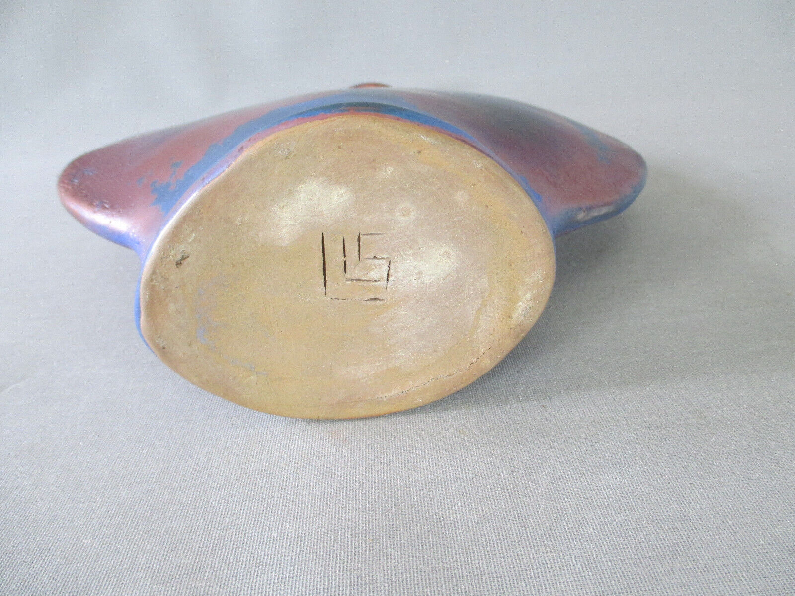 Lrge flat iridescent sandstone vase signed