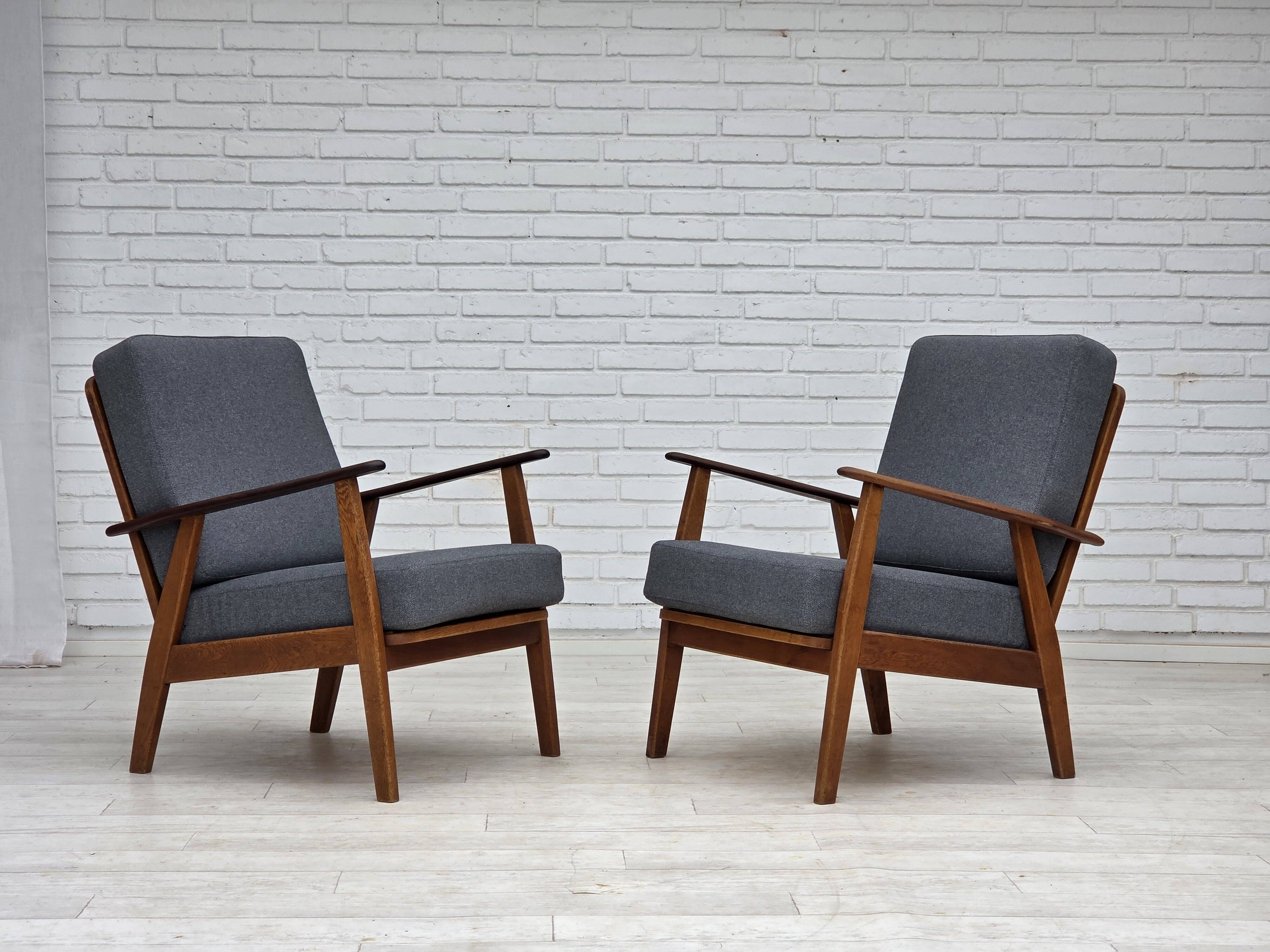 1970s, pair of Danish armchairs, reupholstered, furniture wool, teak, oak.