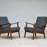 1970s, pair of Danish armchairs, reupholstered, furniture wool, teak, oak.