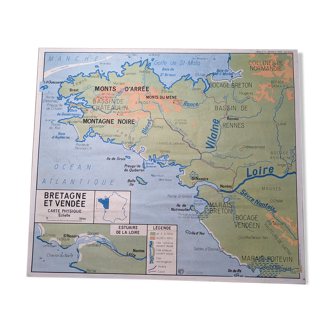 Ancienne affiche scolaire vintage années 60 Pays de la Loire Bretagne Vendée