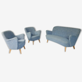 Set canapé et 2 fauteuils vintage années 50/60 organique vintage tissus original
