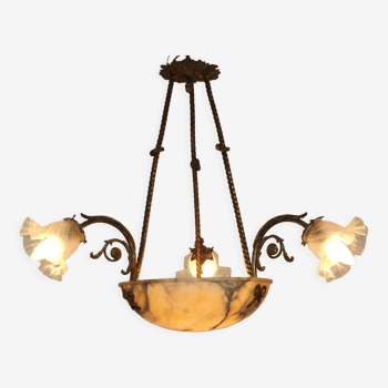 Clear art nouveau chandelier 6 lights golden bronze & alabaster 3 glass shades