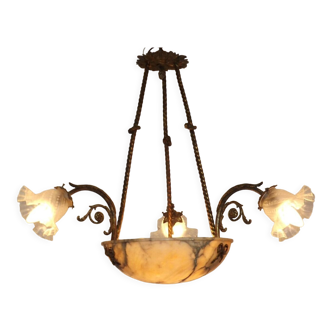 Clear art nouveau chandelier 6 lights golden bronze & alabaster 3 glass shades