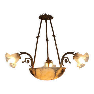 French art nouveau 6 light gilt bronze & alabaster chandelier 3 glass shades