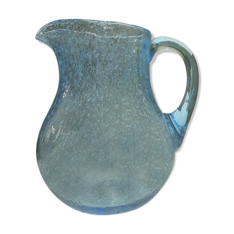 Biot blue bubbled glass round pitcher