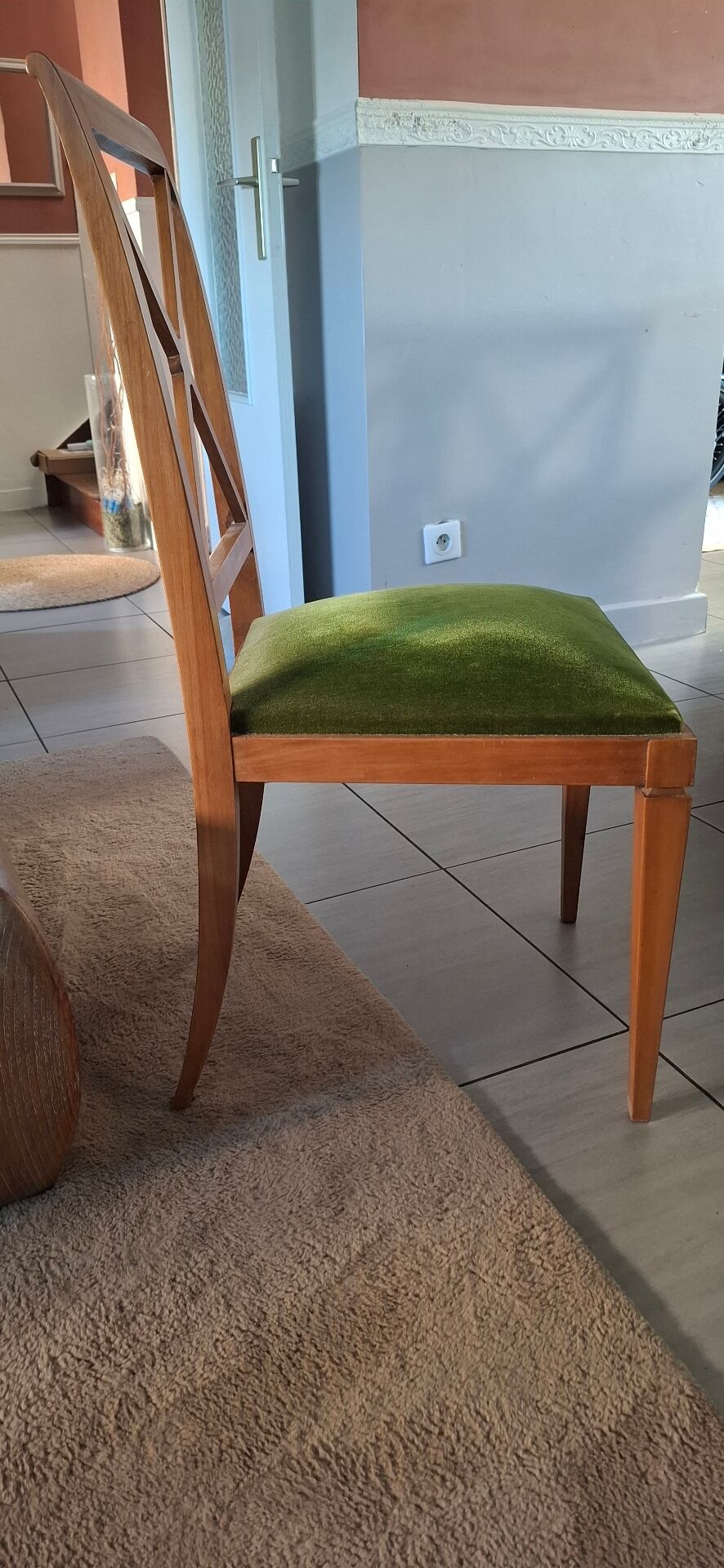 6 Chaises bois assise velours vert