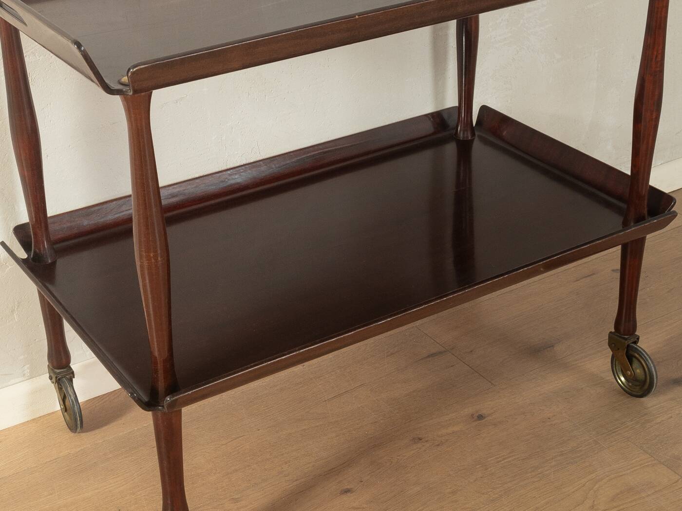 Classic serving trolley from the 1960s, solid Macoré frame with two Macoré veneer shelves and brass castors