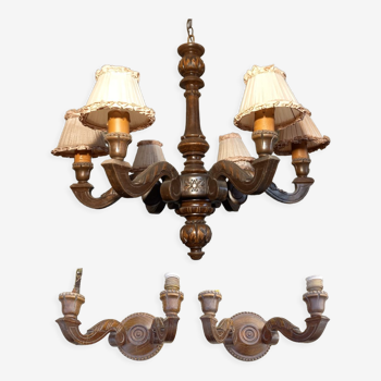 Wooden chandelier with 6 branches and its 2 sconces